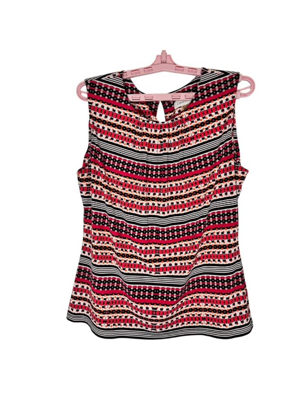 Calvin Klein Womens LG Striped Sleeveless Top Multicolor Pleated Neckline Beachy - Picture 2 of 8